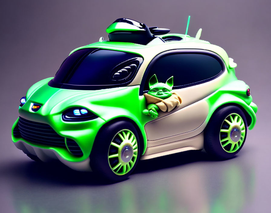 Stylized green cartoon car with large eyes and rims and a small, chubby green creature with large