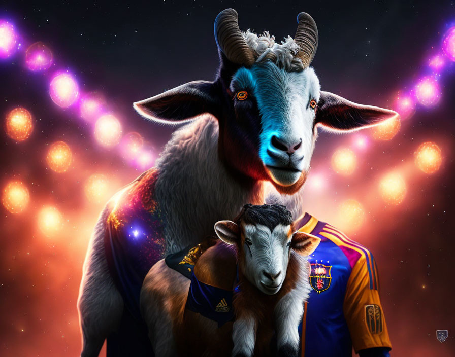 Digital artwork: Adult and kid goats in Barcelona jerseys against cosmic backdrop