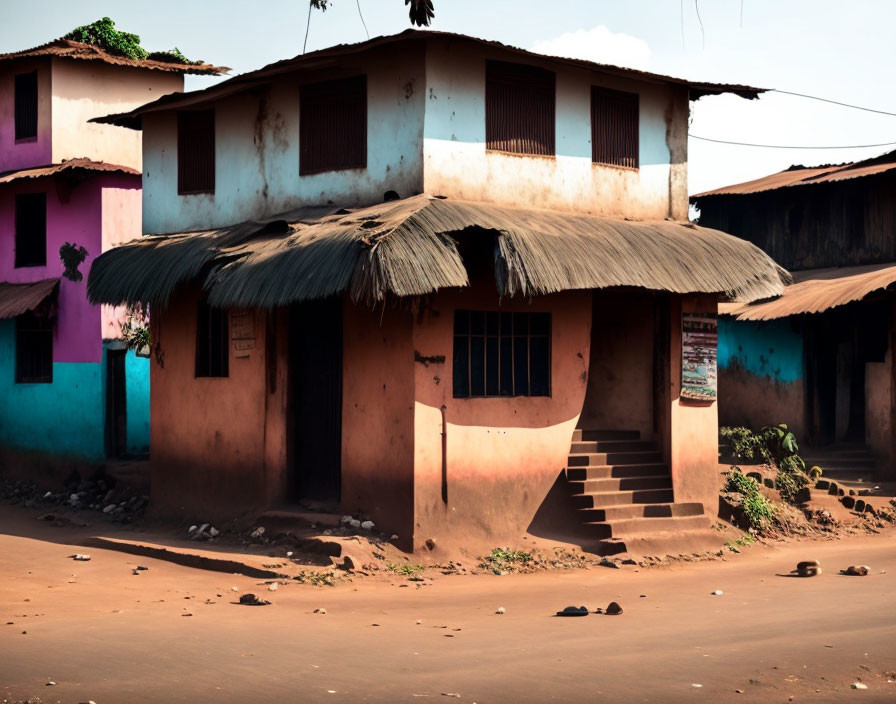 Colorful two-story rural building with thatched awning and staircase.