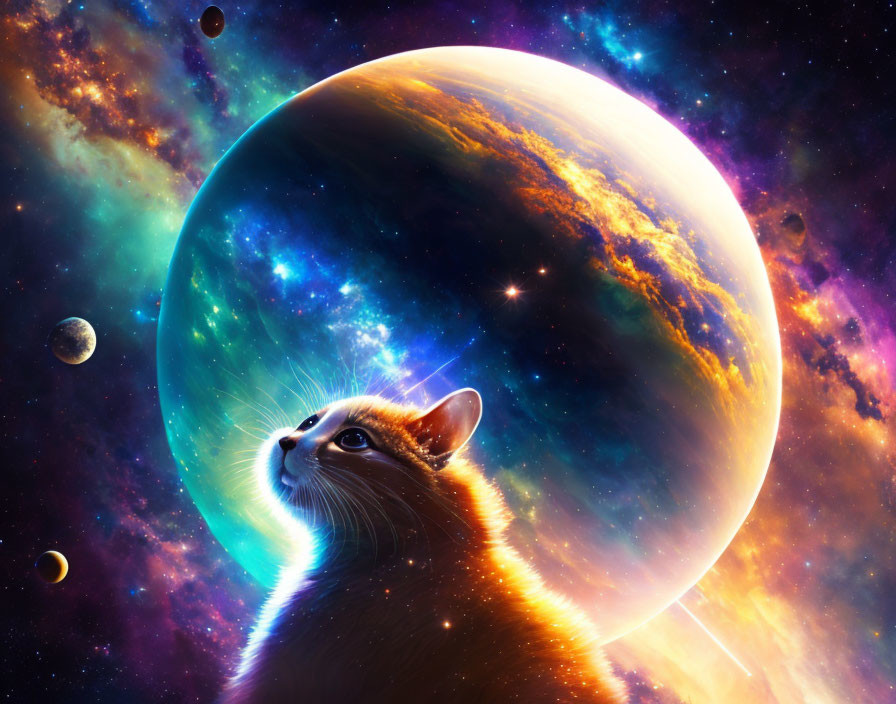 Digital Artwork: Glowing-Eyed Cat in Cosmic Space