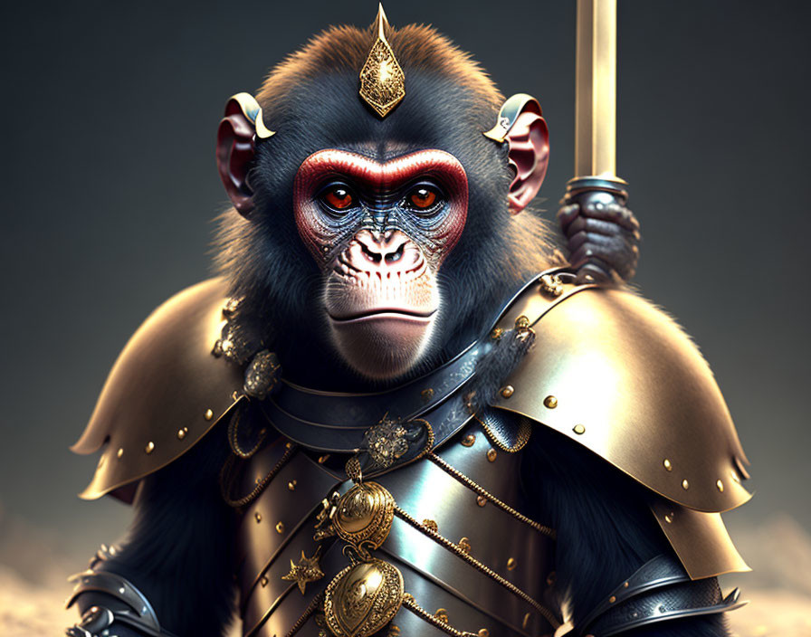 Detailed digital artwork: Baboon in golden armor with spear