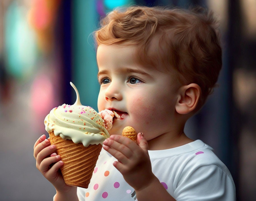 Curly-haired toddler admires ice cream cone under colorful lights