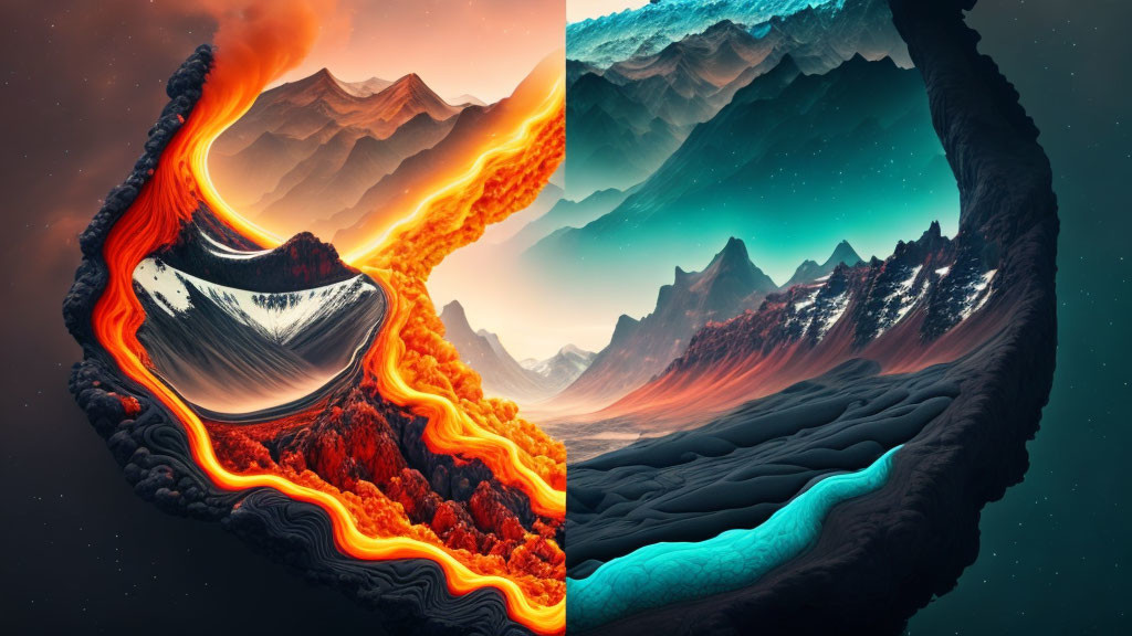 Surreal split composition: fiery volcanic landscape and cool icy mountains