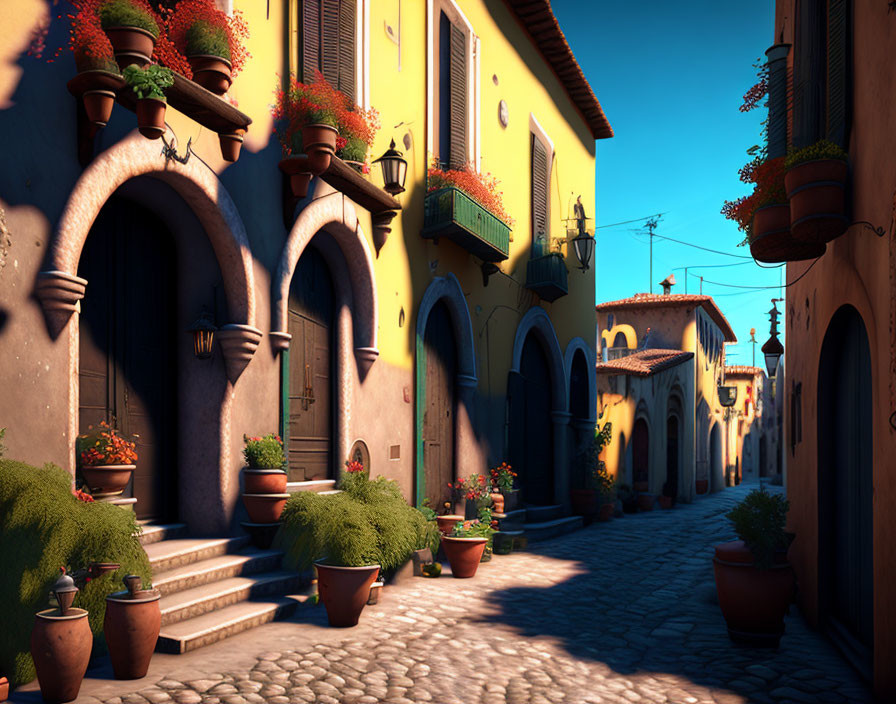 Traditional houses on cobblestone street with flowers under blue sky