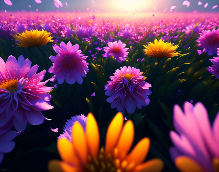 Sunset illuminates vibrant pink and orange flowers in soft focus