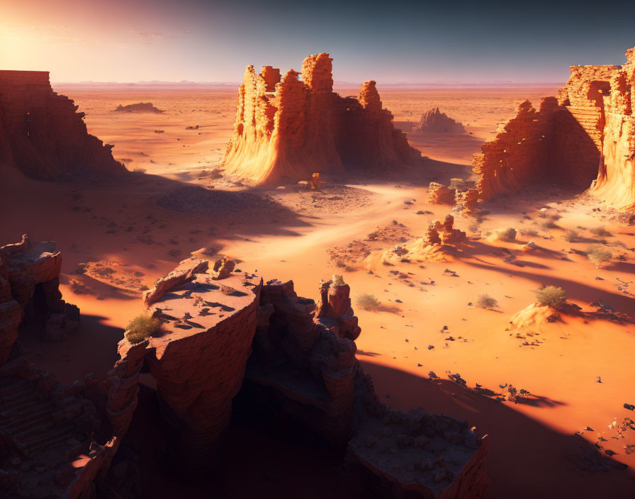 Sunlit desert landscape with rock formations, sand dunes, and sparse vegetation at sunrise or sunset