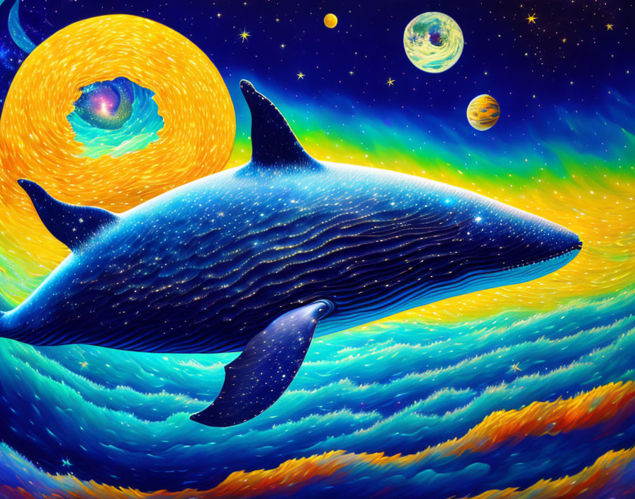 Whale in cosmic ocean with planets and stars