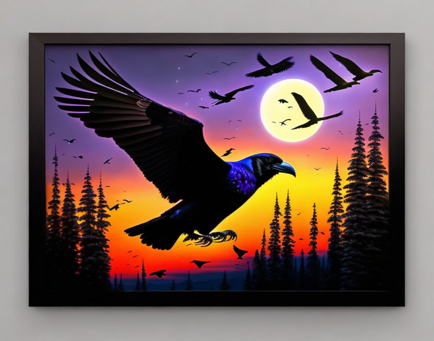 Dark Raven Flying in Twilight Sky with Moon and Pine Trees