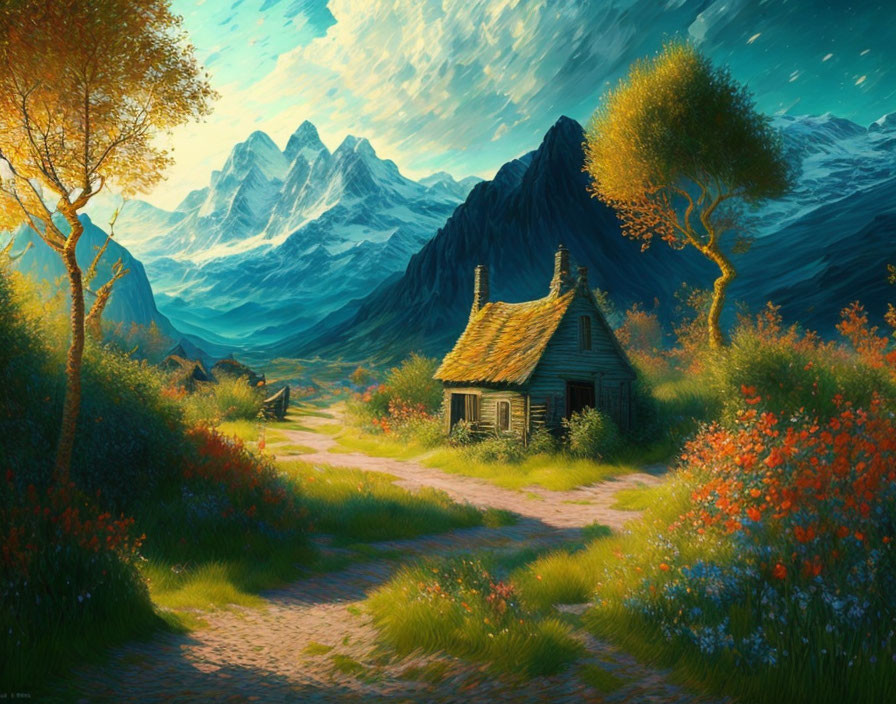 Wooden cottage in flower-filled landscape with snow-capped mountains