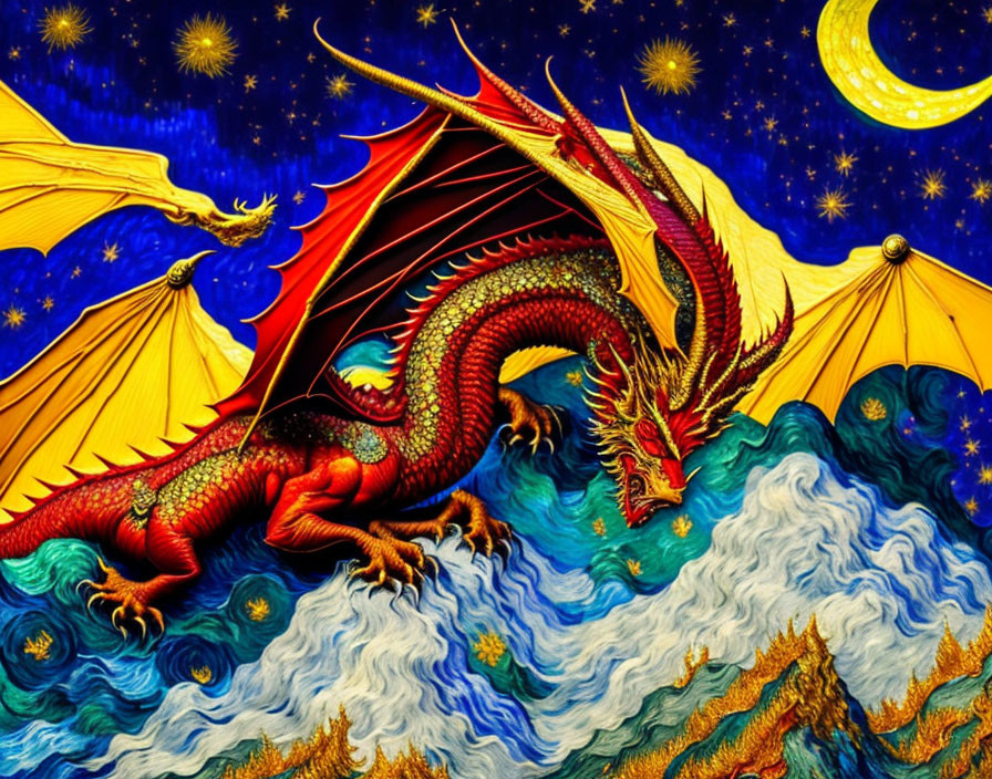 Mythical dragon flying over ocean waves at night