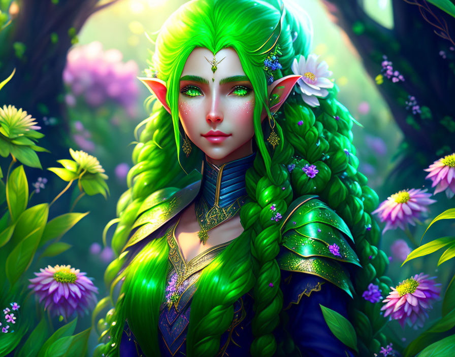 Female elf with green hair and golden armor in lush floral setting