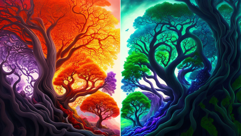 Colorful Split Artwork: Red-Orange vs. Blue-Green Tree Landscapes