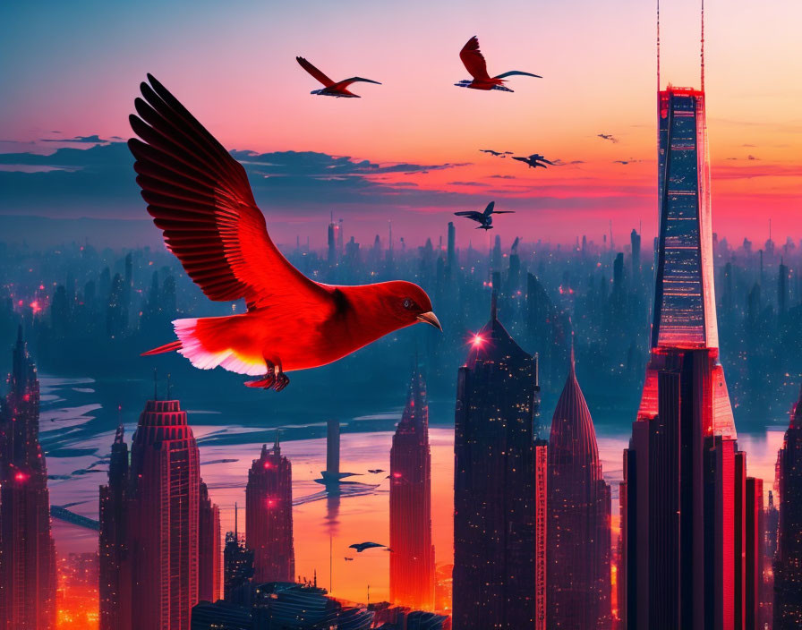 Red bird flying over cityscape at sunrise/sunset with silhouetted skyscrapers