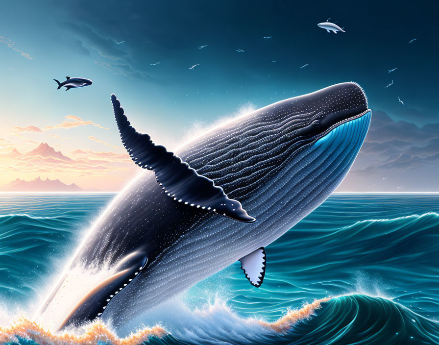 Whale breaching ocean at sunset with mountains and birds