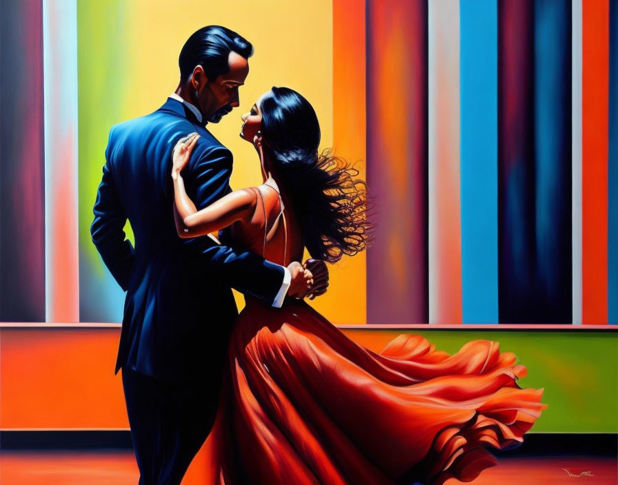 Elegant couple dancing in red dress and suit on vibrant background