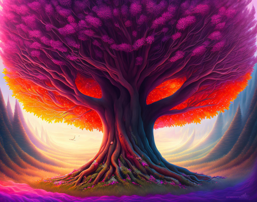 Colorful surreal illustration: Massive tree with purple leaves on undulating purple landscape