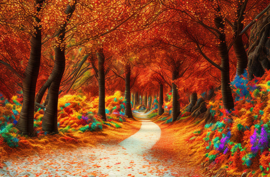 Colorful Autumn Forest Path with Red and Orange Trees