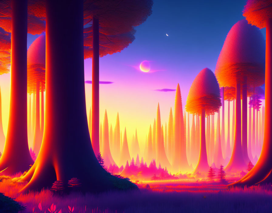 Majestic forest with towering trees under purple and orange sky.