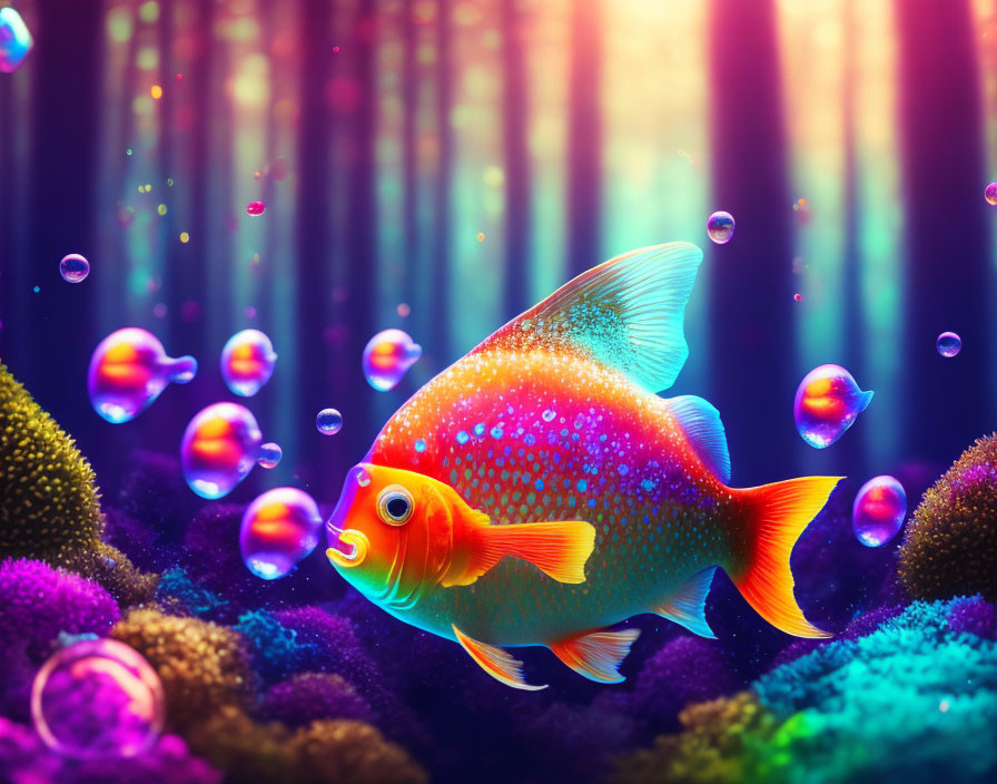 Colorful goldfish in coral reef with bubbles and light beams