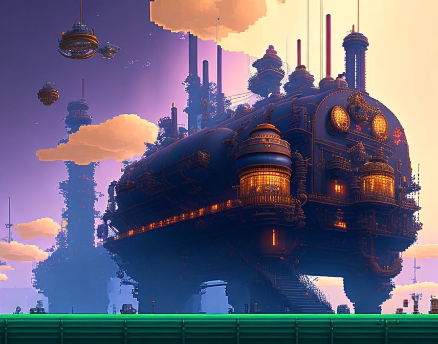 Ornate futuristic floating city against purple sky