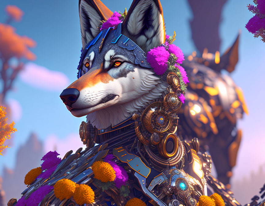 Digital artwork: Majestic mechanical wolf with purple flowers and golden steampunk armor in natural landscape