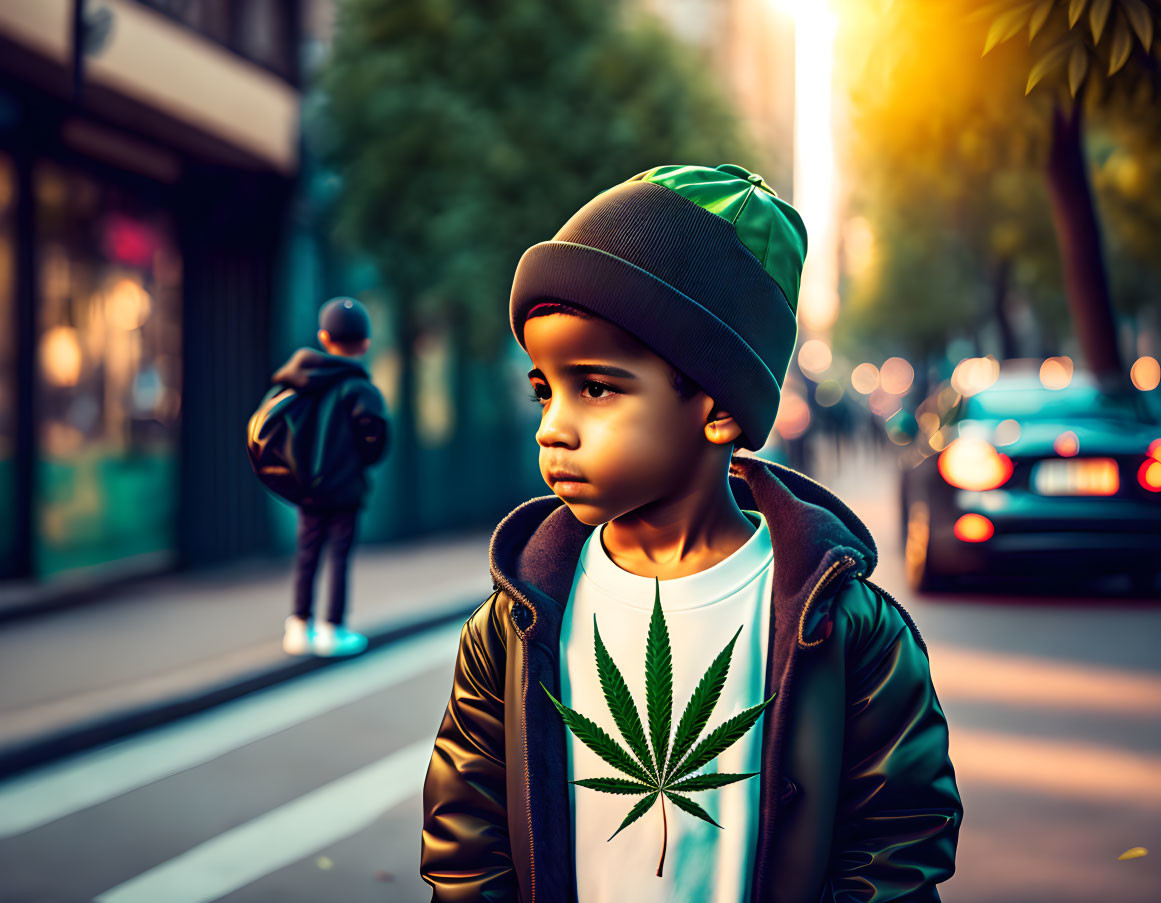 Child in cannabis leaf jacket at sunset on city sidewalk