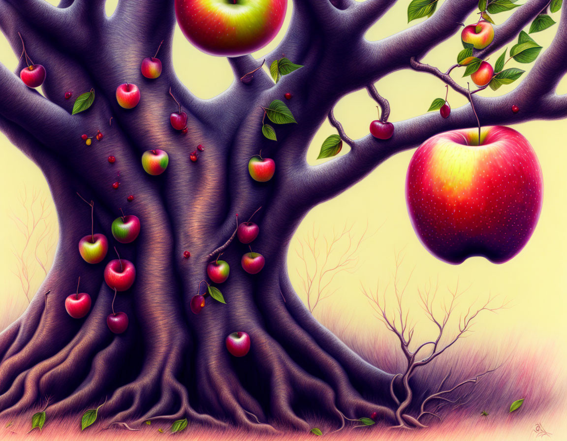 Colorful Oversized Apples on Whimsical Tree Illustration