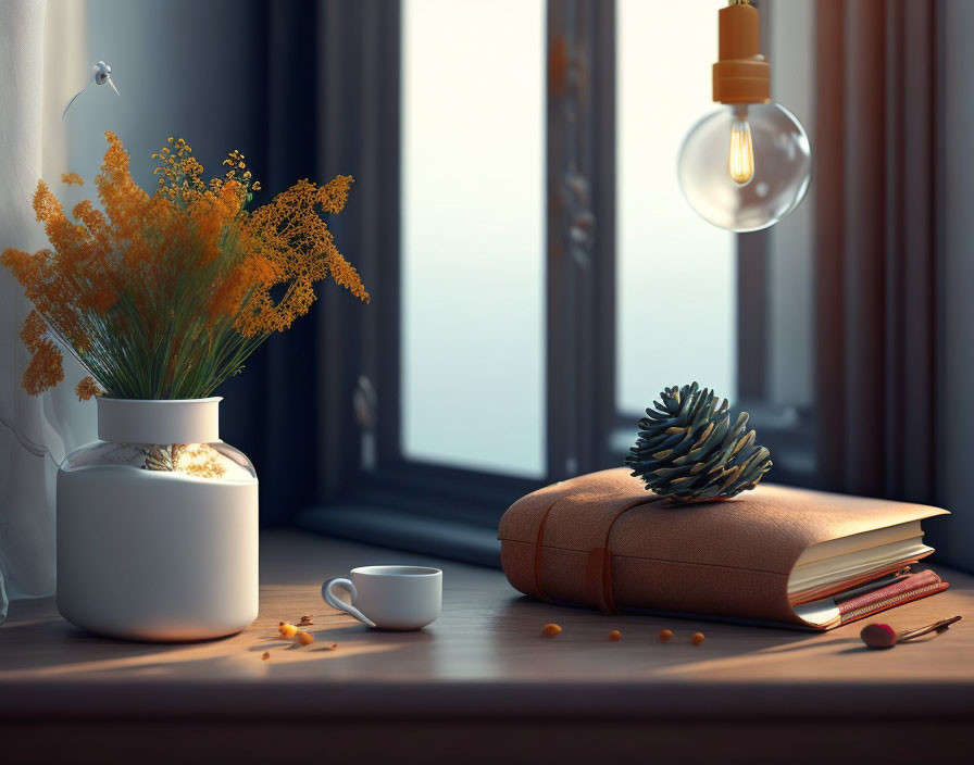 Cozy windowsill workspace with blooming plant, coffee cup, open book, pencils, and warm