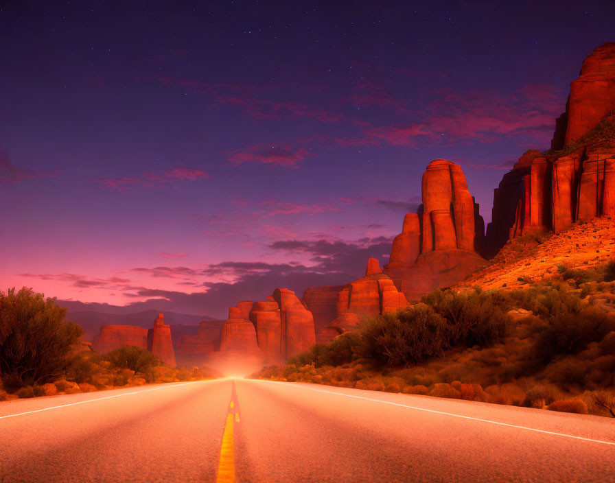 Twilight road with towering rock formations under starry sky