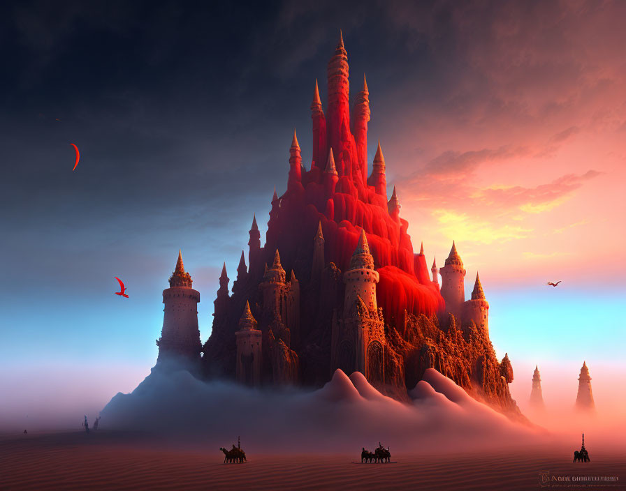 Fantasy red castle on misty hill under twilight sky