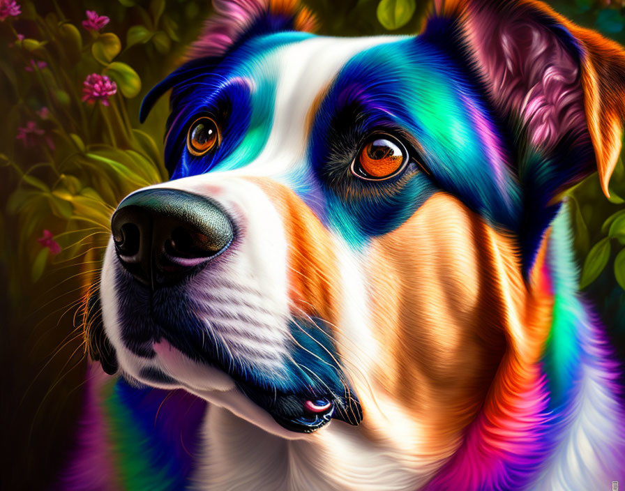 Colorful Digital Artwork: Dog with Vibrant Multicolored Fur and Floral Background