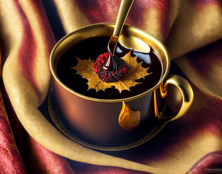 Digital artwork: Golden coffee cup with leaf splash and raspberry on red fabric