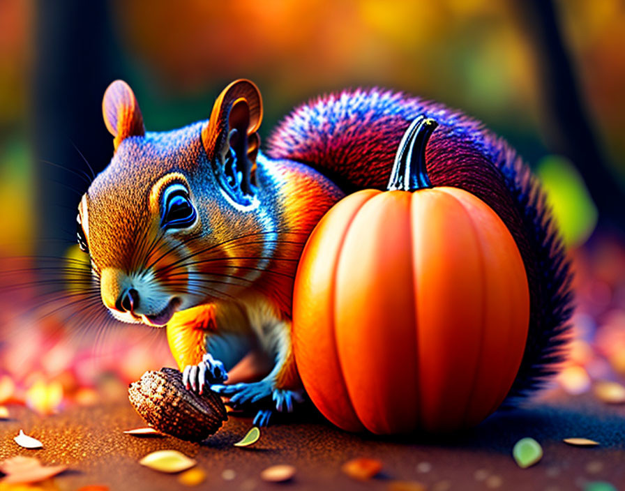 Colorful Digital Illustration of Squirrel with Acorn and Pumpkin in Autumn Setting