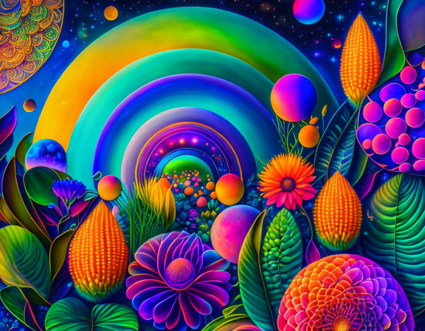 Colorful psychedelic floral landscape with rainbow arches and patterned plants under starry sky