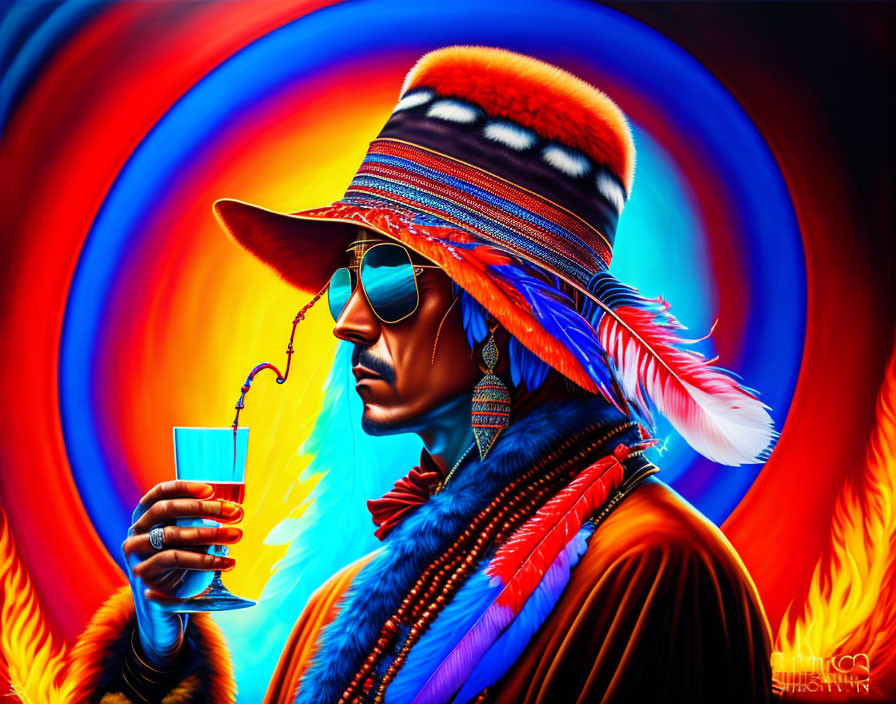 Colorful Native American man with glass on fiery background