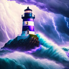 Stormy seas lighthouse on craggy outcrop under lightning-filled sky