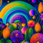 Colorful psychedelic floral landscape with rainbow arches and patterned plants under starry sky