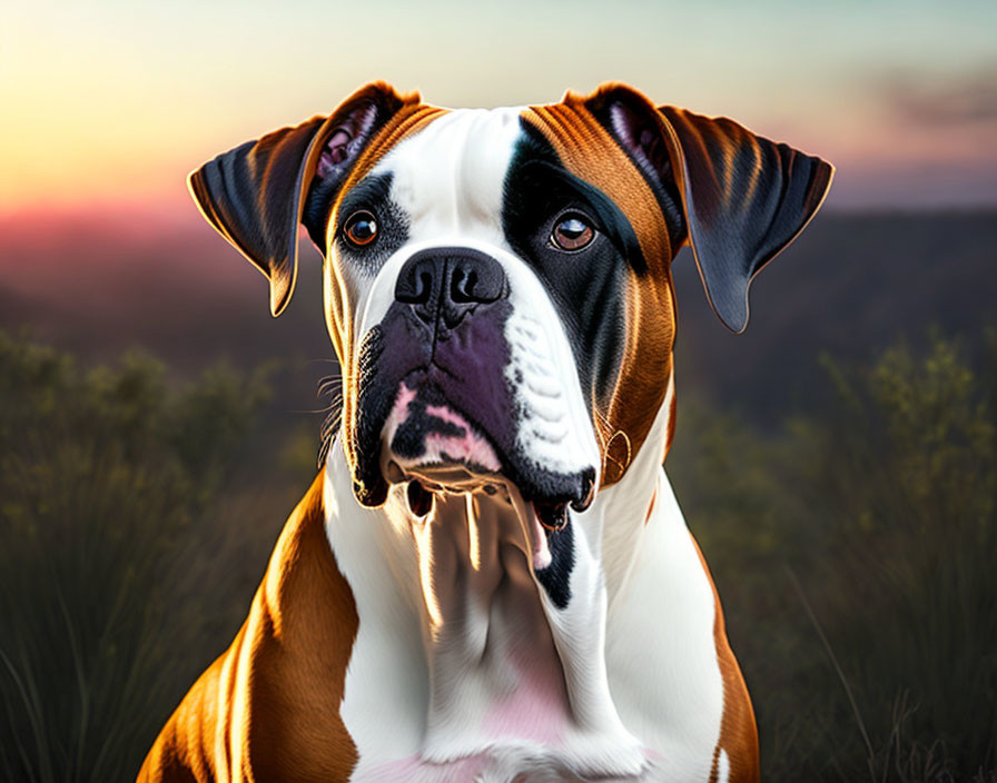 White and Brown Boxer Dog in Sunset Nature Scene