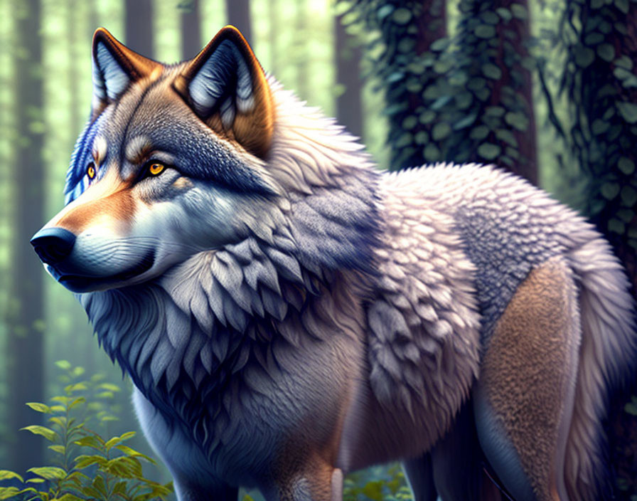 Detailed digital illustration: Lifelike wolf in misty forest with sunlight.