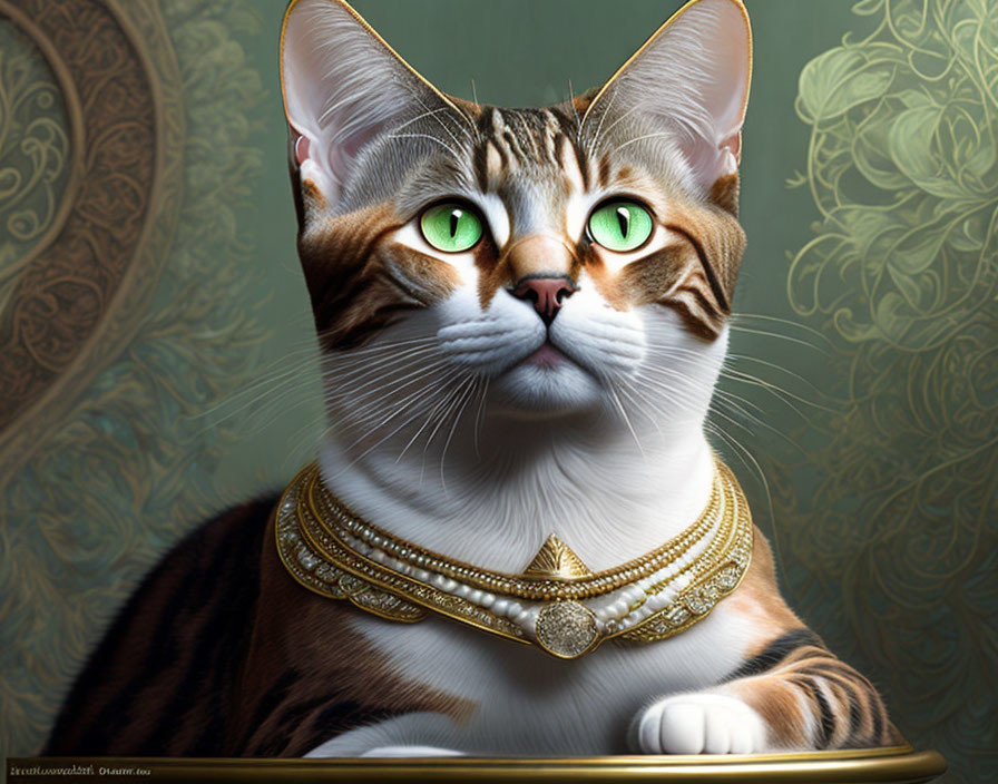 Regal cat digital artwork with green eyes and gold necklace