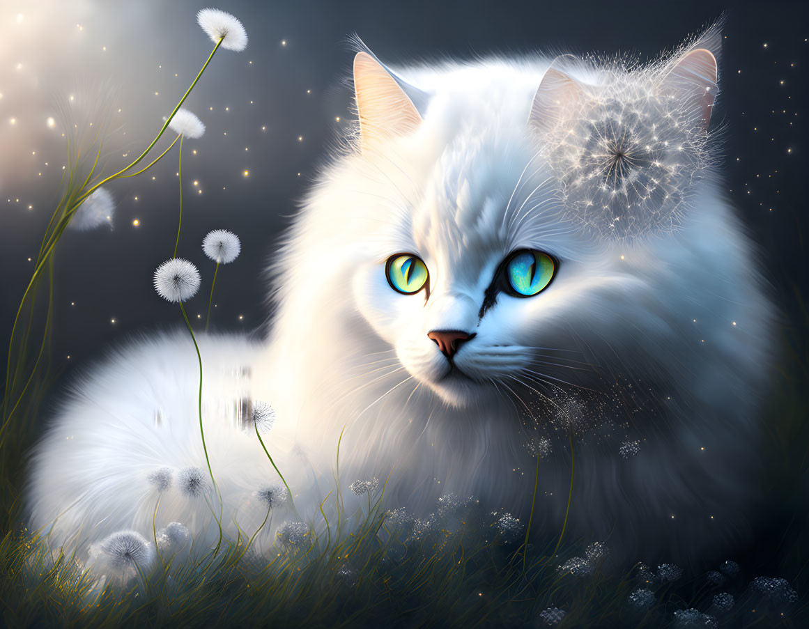 Fluffy white cat with blue eyes in dandelion field at night