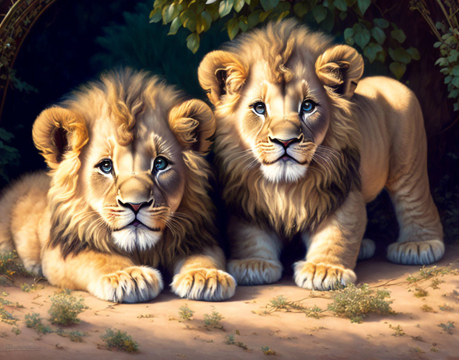 Young lions with thick manes resting in green forest setting