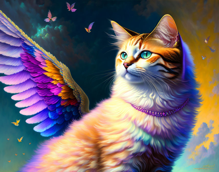 Colorful winged cat surrounded by butterflies under vibrant sky