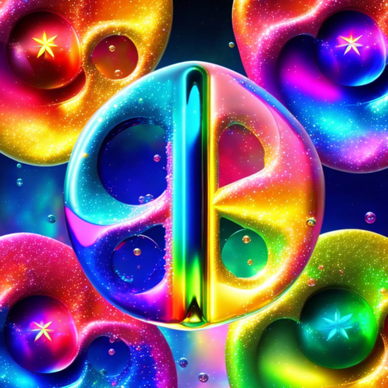 Colorful Rainbow Peace Symbol with Cosmic Orbs on Starry Background