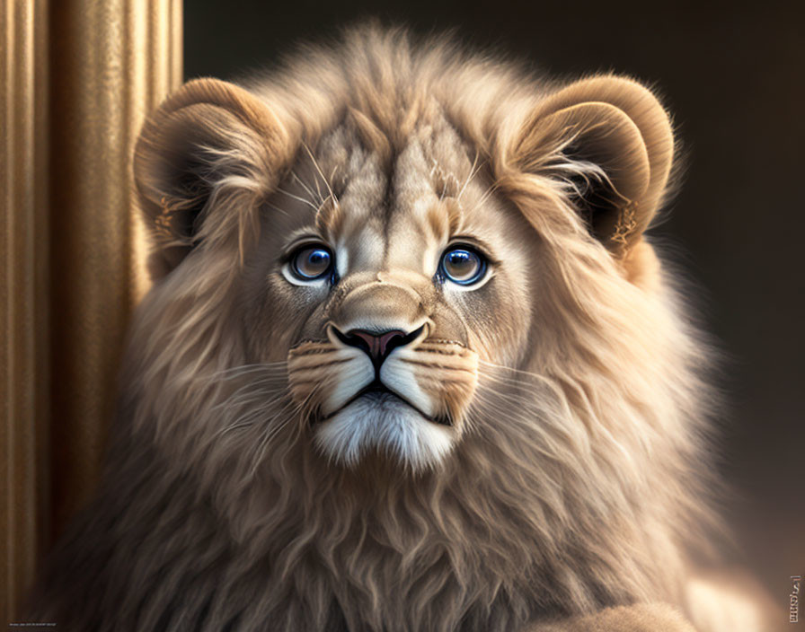 Digital artwork of a young lion with soft mane and blue eyes