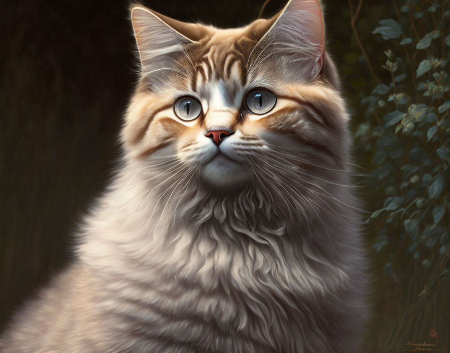 Fluffy Tabby Cat with Blue Eyes in Digital Painting