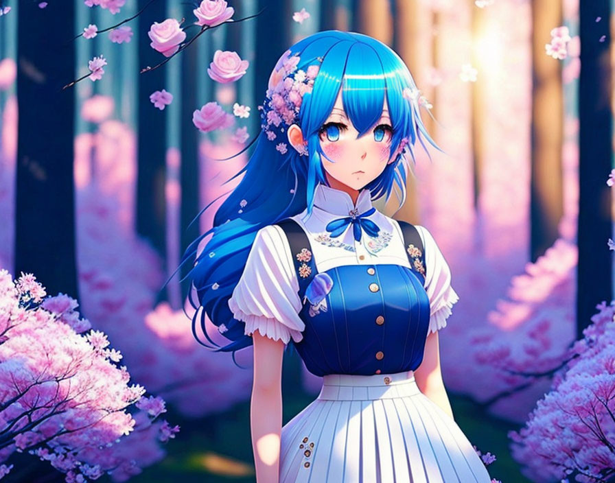 Blue-haired anime girl in white and blue dress surrounded by pink cherry blossoms