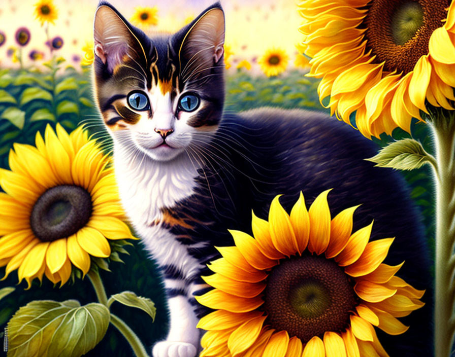 Colorful Cat with Blue Eyes Surrounded by Sunflowers