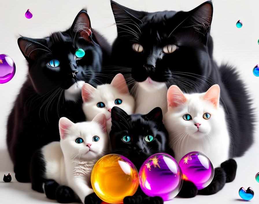 Illustrated black and white cats with blue and green eyes among colorful Christmas baubles