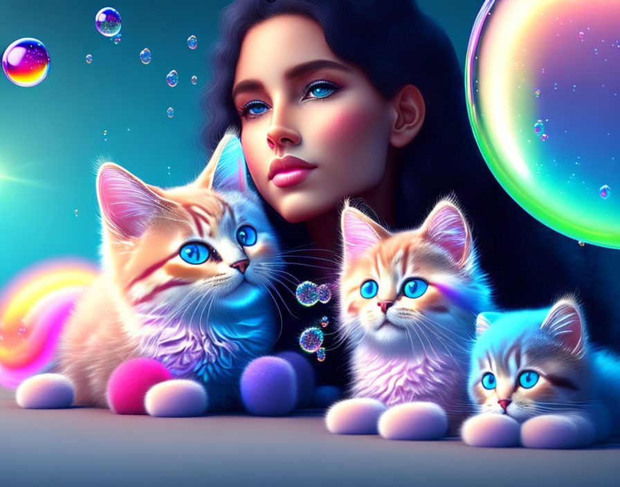 Digital artwork: Woman and kittens with vibrant blue eyes in colorful bubble scene